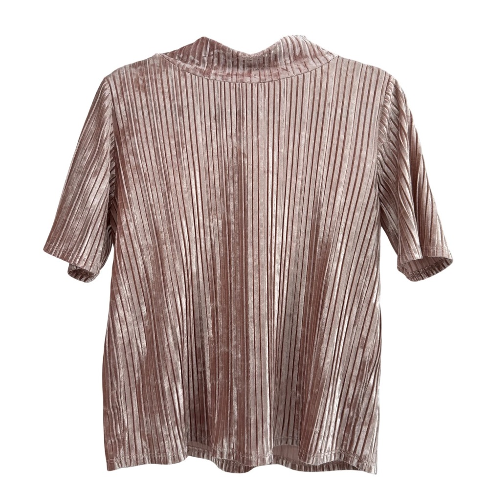 Loft Womens Pink Pleated Velvet Mock Neck‎ Short Sleeve Top Small Rose Gold